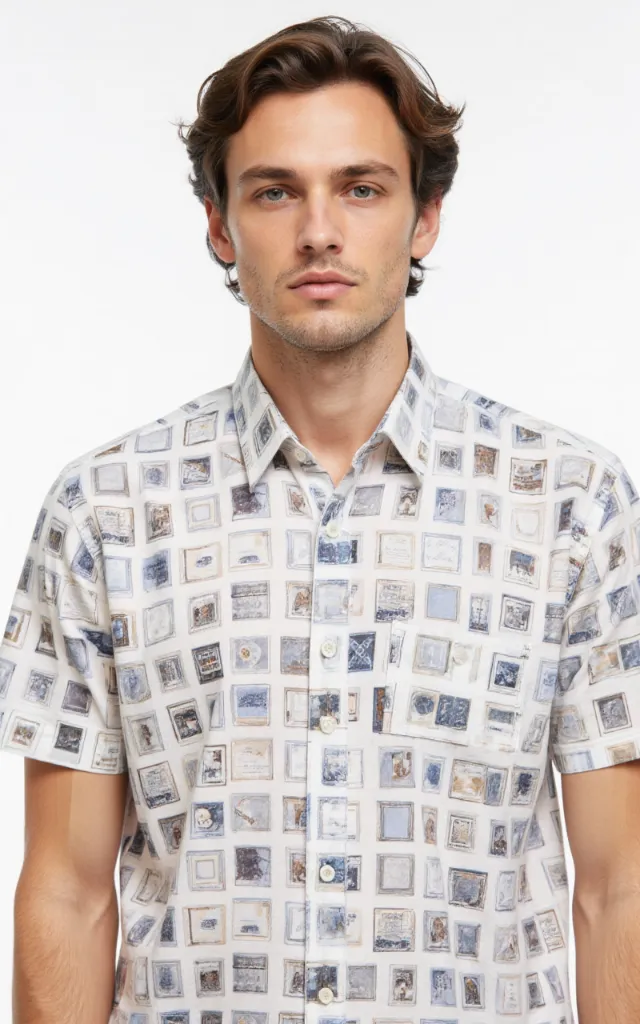 A French model wearing a Square pattern   printed shirt, against a white background, in a front   facing bust portrait